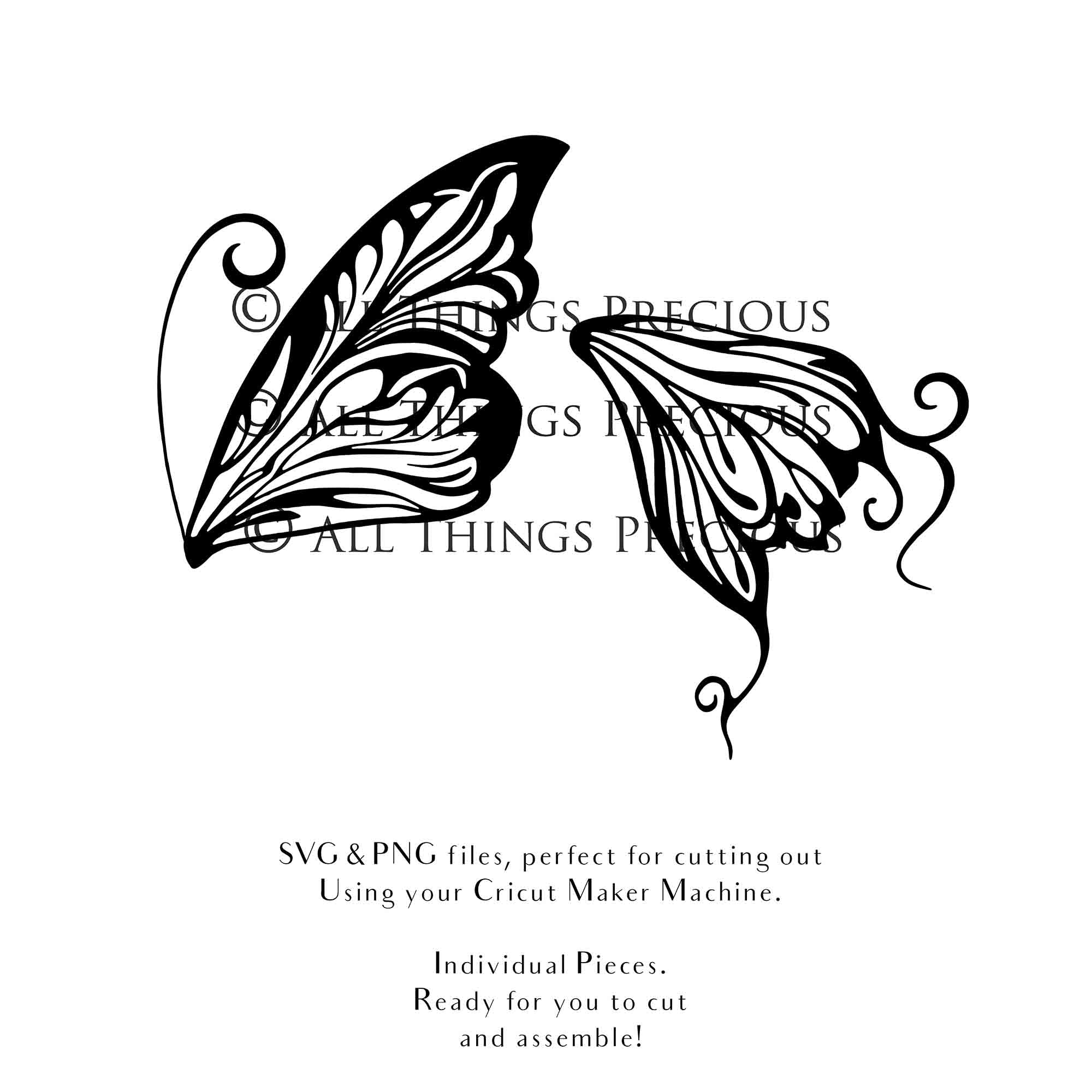 SVG & PNG Fairy Wing files for Cricut or Silhouette Cameo Cutting Machine. To create wearable fairy wings, in adult or children sizes.  Use this clipart design for Halloween Costumes, Fantasy or Cosplay or photography. Or use as ephemera in weddings, engagements or baby shower invitations. These are Individual wing parts, for you to cut and assemble. This is a digital product.